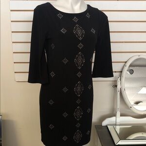 White House Black Market Elegant Black Dress with Silver & Gold Accents